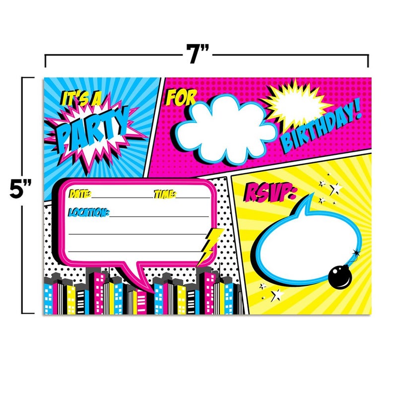 Amanda Creation Super Hero Comic Book Birthday Party Invitations for Girls, 20 5x7 Fill In Cards with Twenty White Envelopes by AmandaCreation - Image 5
